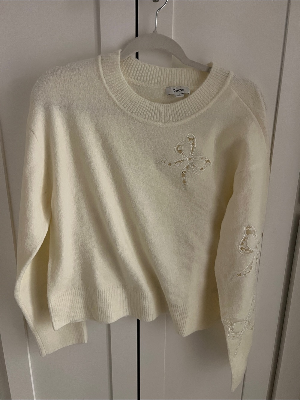 CeCe Cream Crewneck Sweater with Bow Appliqués